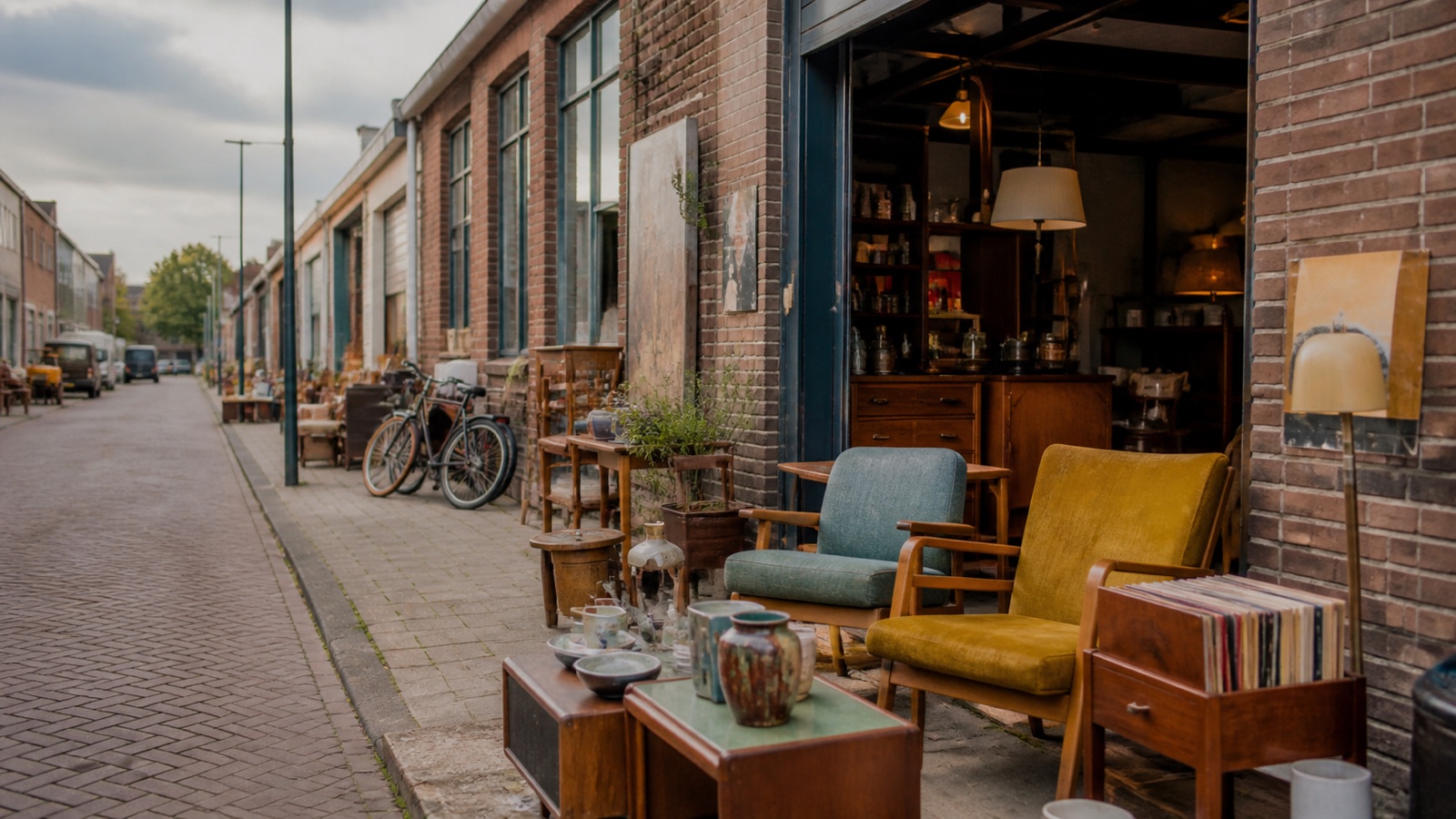 Illustrative artist's impression of vintage chairs, lamps, ceramics and records outside a brick warehouse shop on a Dutch industrial street.