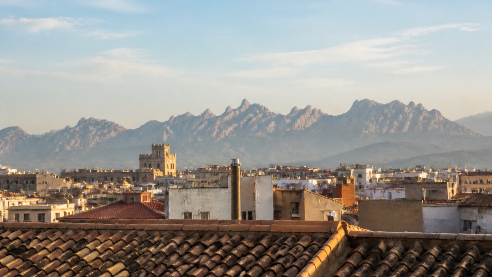 Montserrat's serrated mountain rising beyond a quiet Barcelona rooftop in clear morning light.