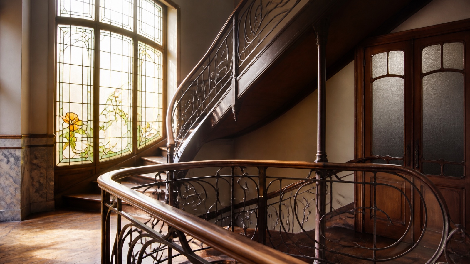 Warm daylight crossing curved ironwork and patterned glass in an Art Nouveau townhouse interior.