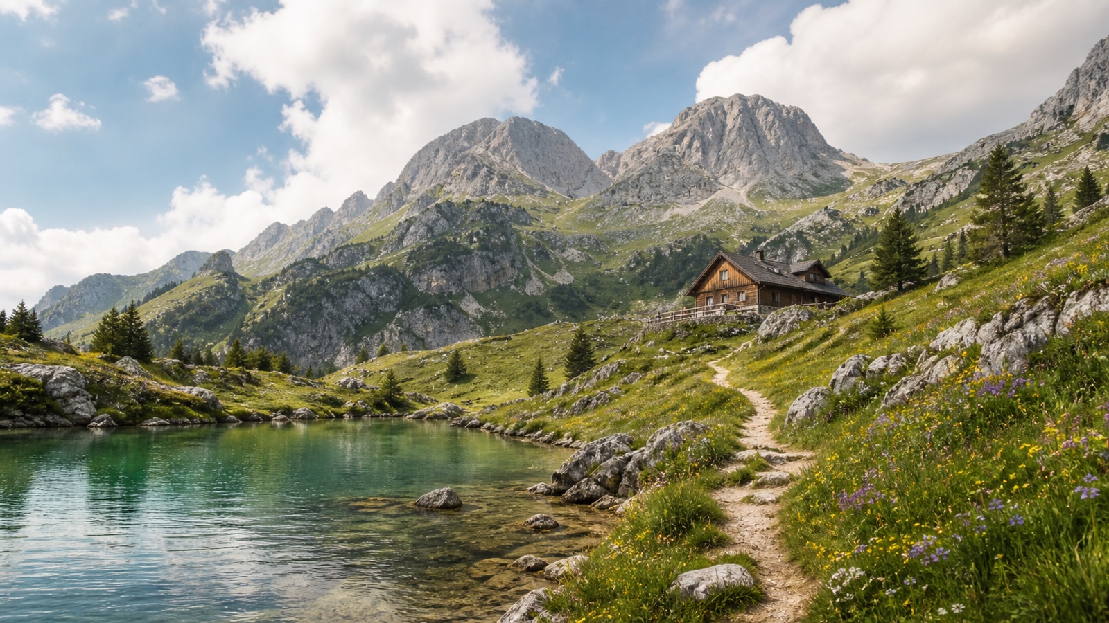 An editorial blue-green Bavarian lake, flowered pasture path and staffed timber mountain hut.