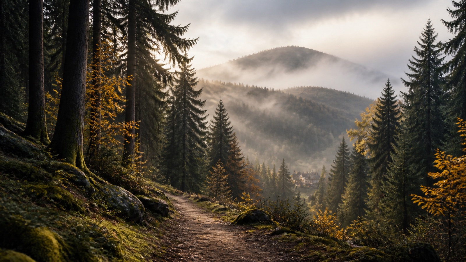 An editorial forest path descending through misty Harz-style woodland toward a distant inn.