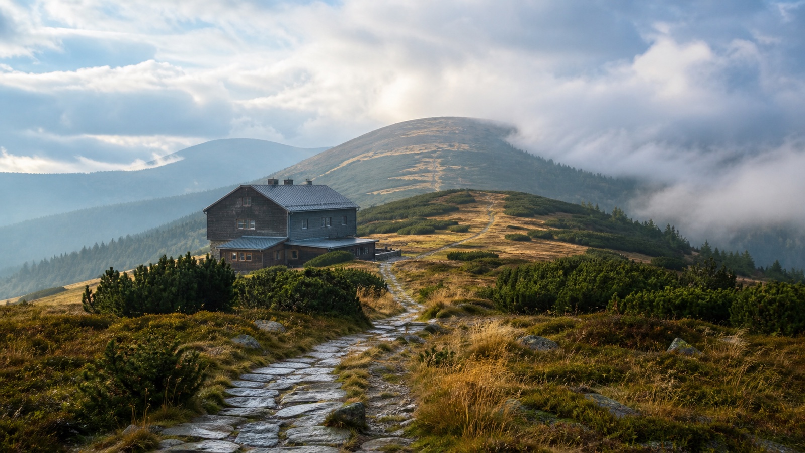 An editorial mountain hut beside a stone path on a misty rounded Krkonoše-style ridge.