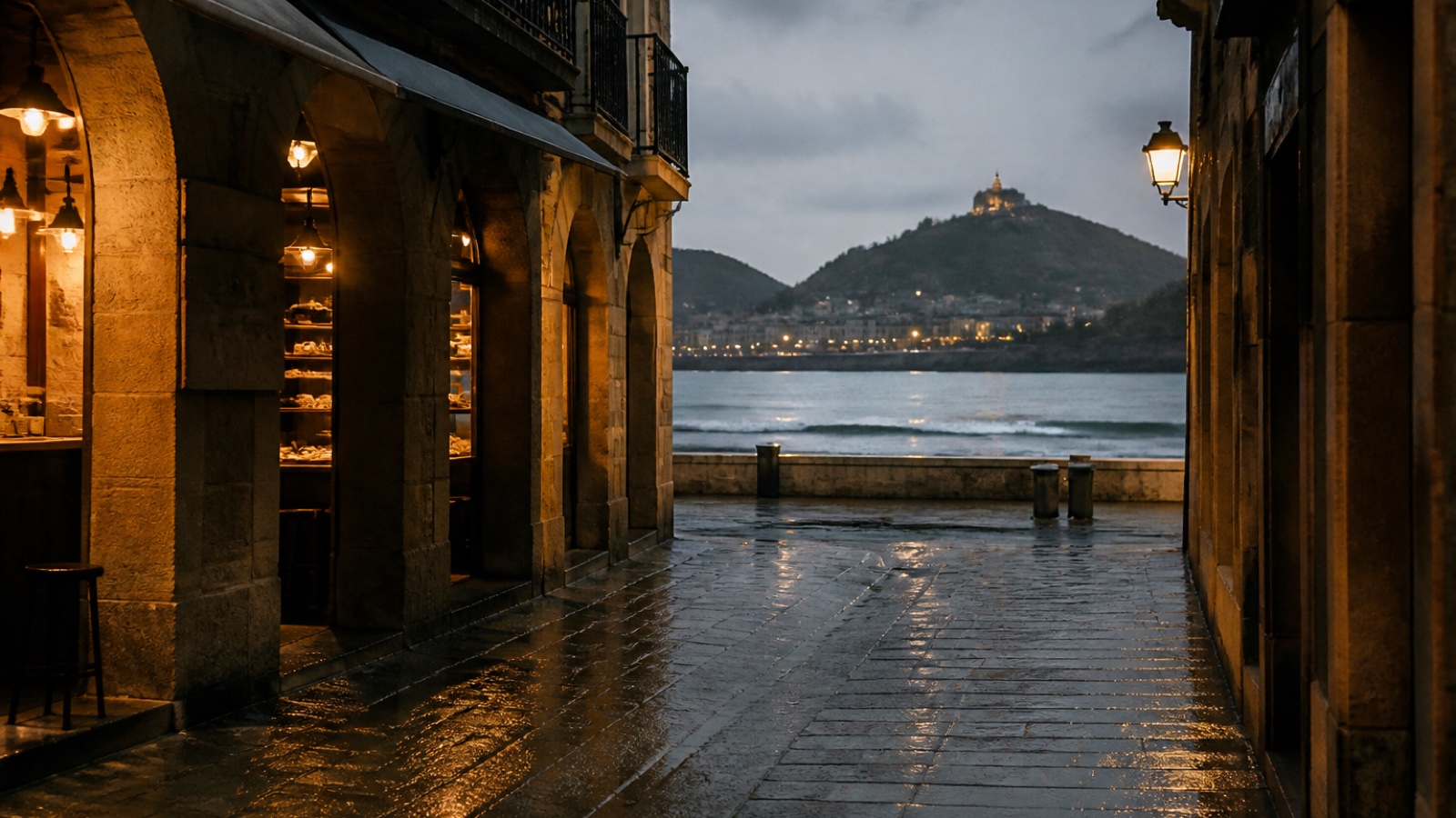 A rain-washed San Sebastián lane opening toward the bay, with warm pintxos-bar light under stone arcades.