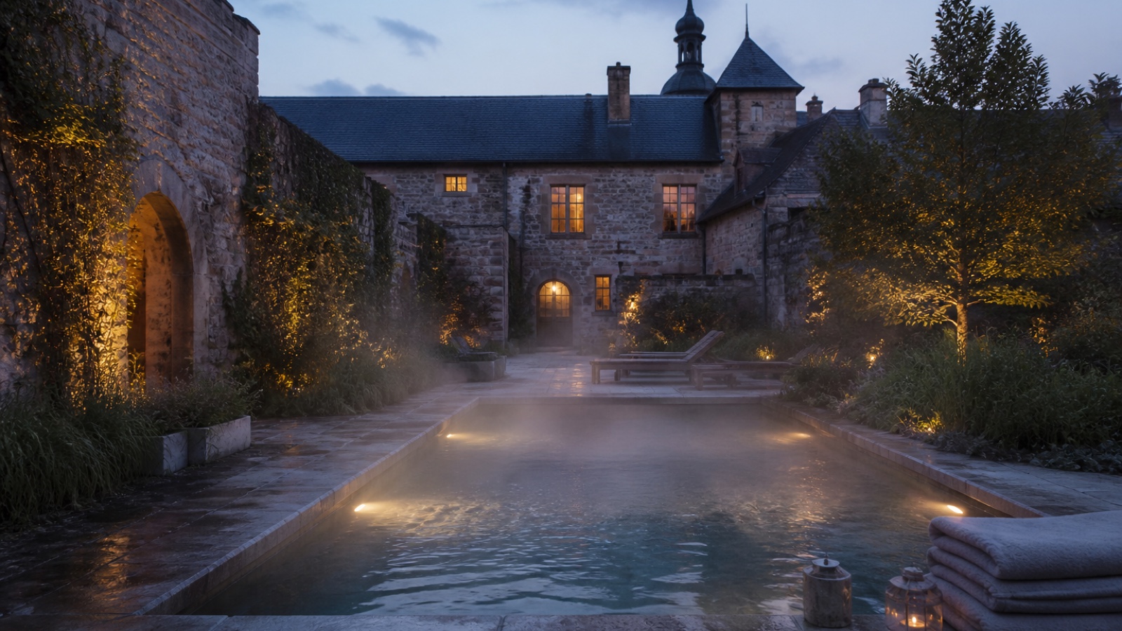 A quiet stone castle courtyard opening toward a steaming outdoor thermal pool at dusk.