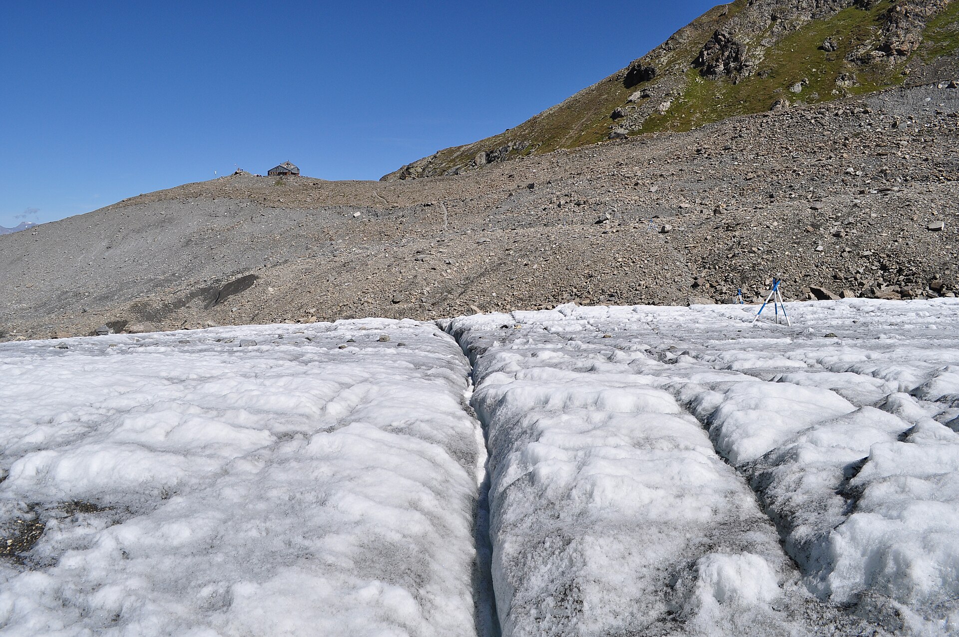 Cabane FXB Panossière on the moraine beside the Corbassière Glacier in Val de Bagnes.