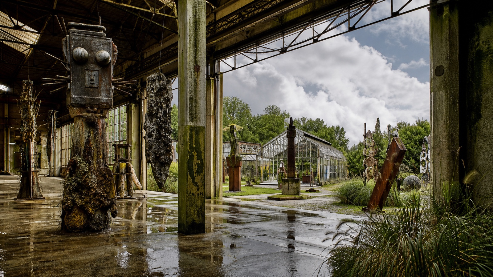 Illustrative artist's impression of imagined sculptures across an industrial art hall, greenhouse and rain-wet garden, not documentary site imagery.